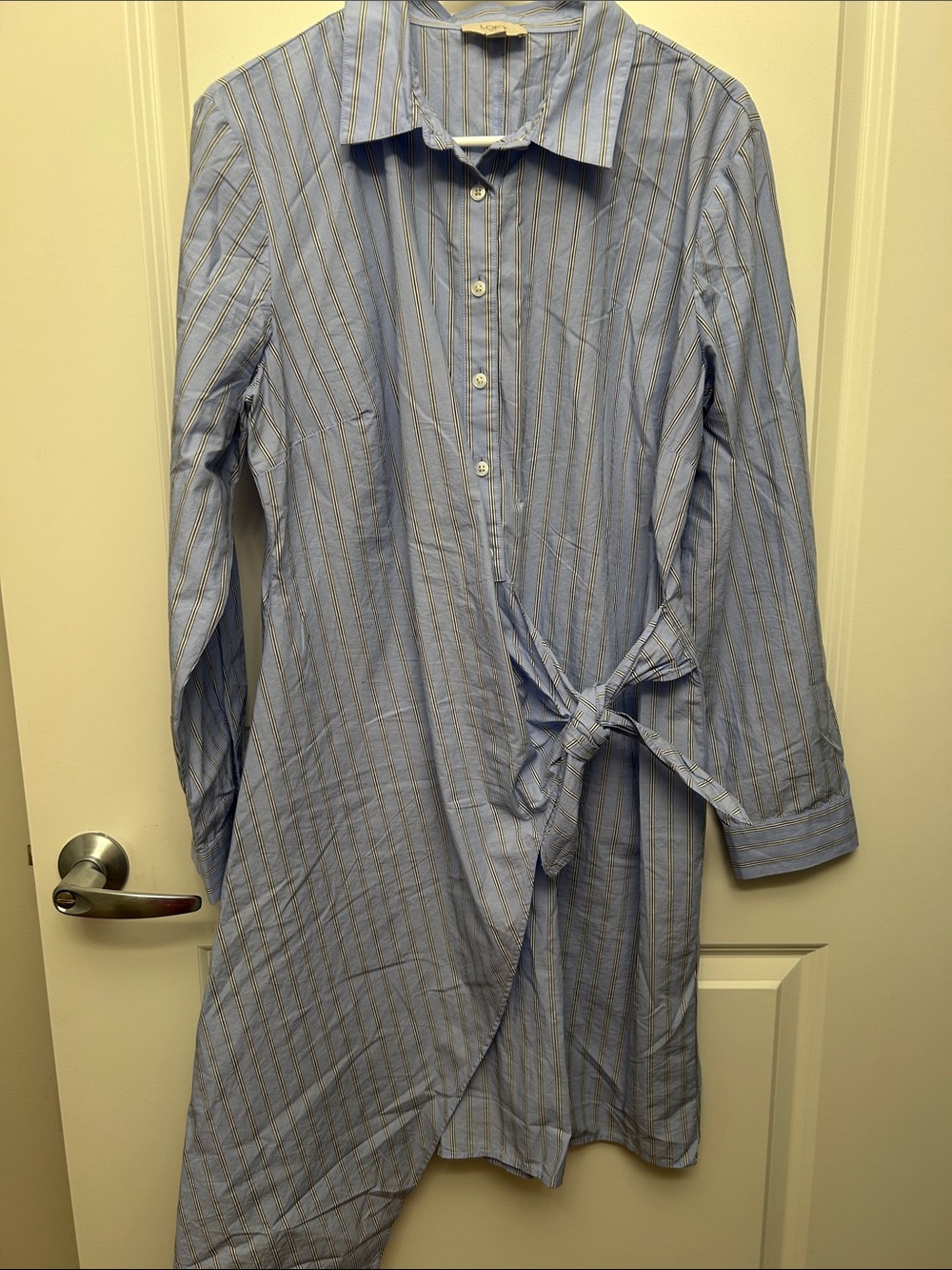 LOFT outlet Light Blue and White Vertical Stripe Button-Up Shirt wrap dress NWOT